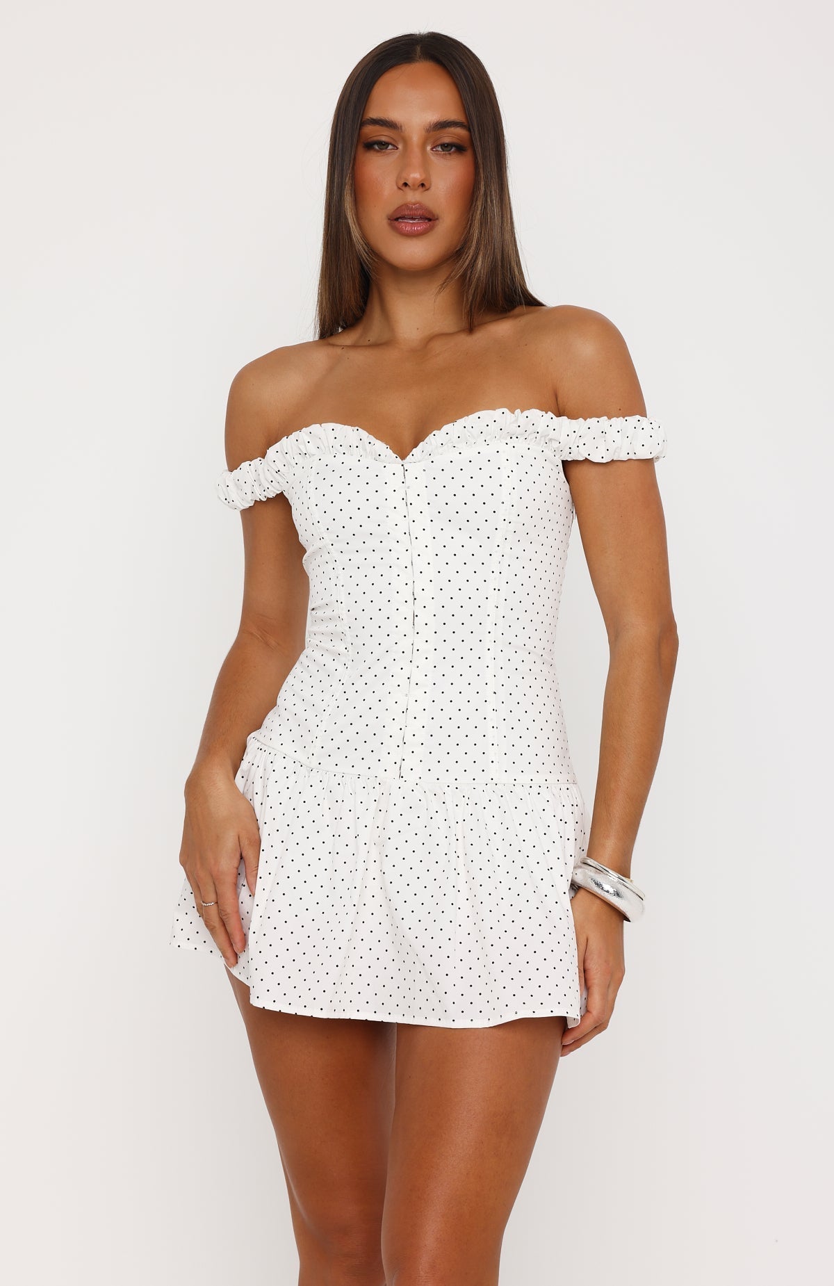 Cuteness Overload Off Shoulder Mini Dress White/Black Polka Dot
