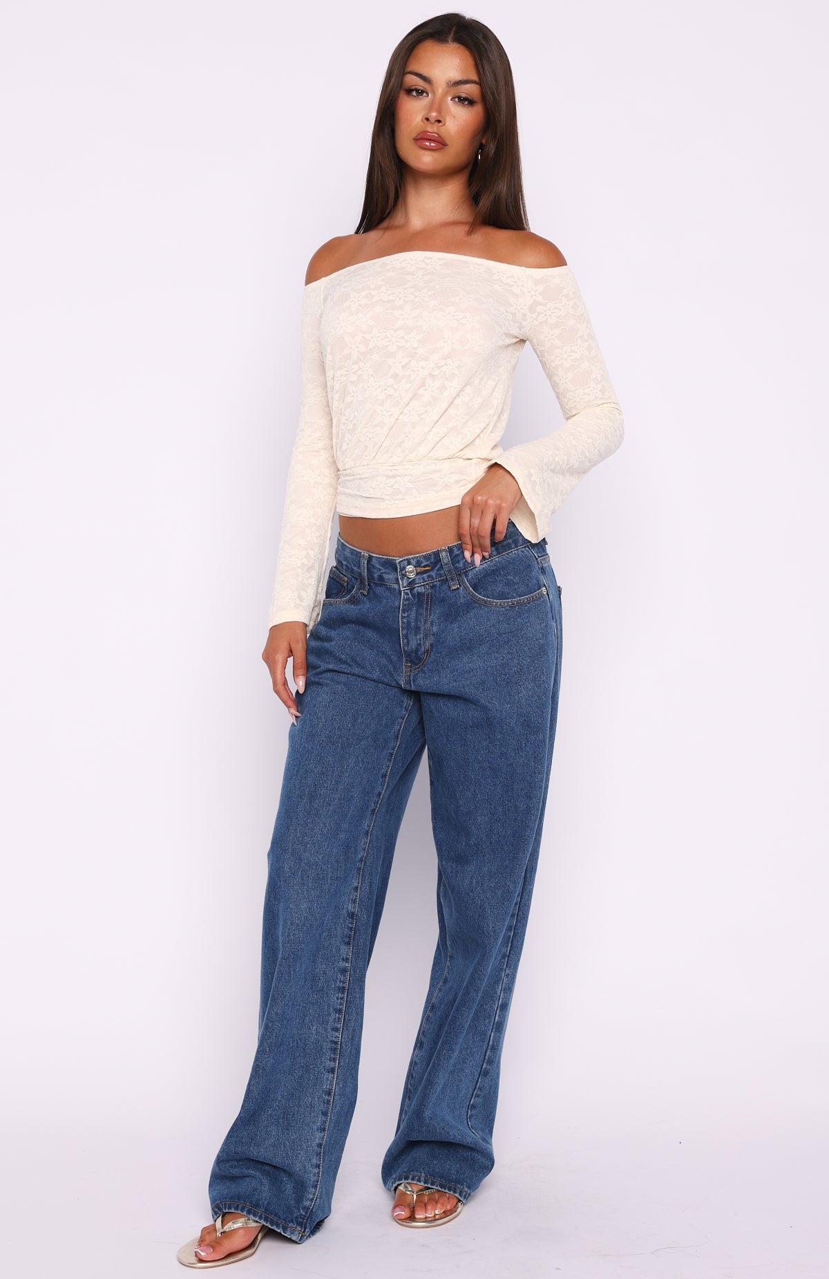Dancing In The Rain Off Shoulder Long Sleeve Top Cream