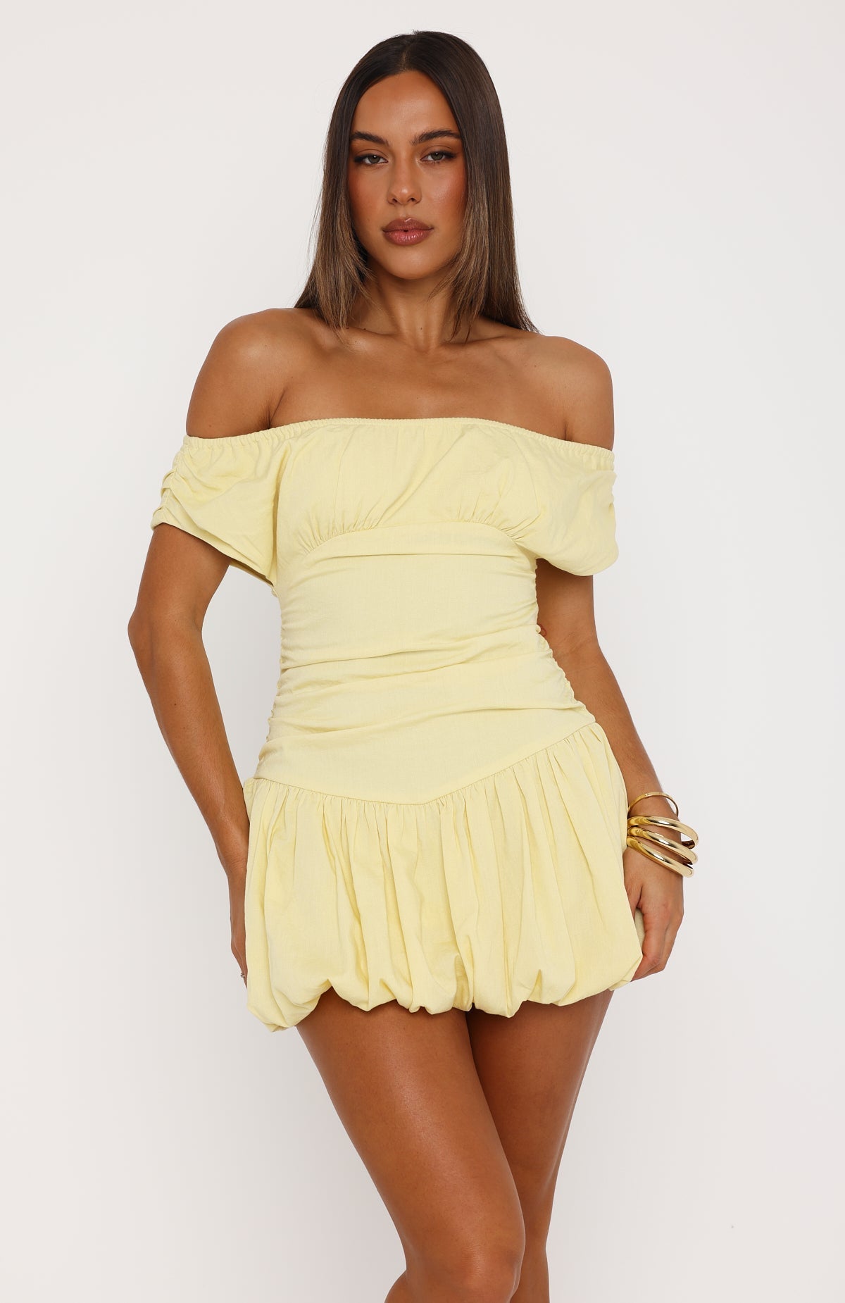 Dare Me Darling Off Shoulder Mini Dress Lemon