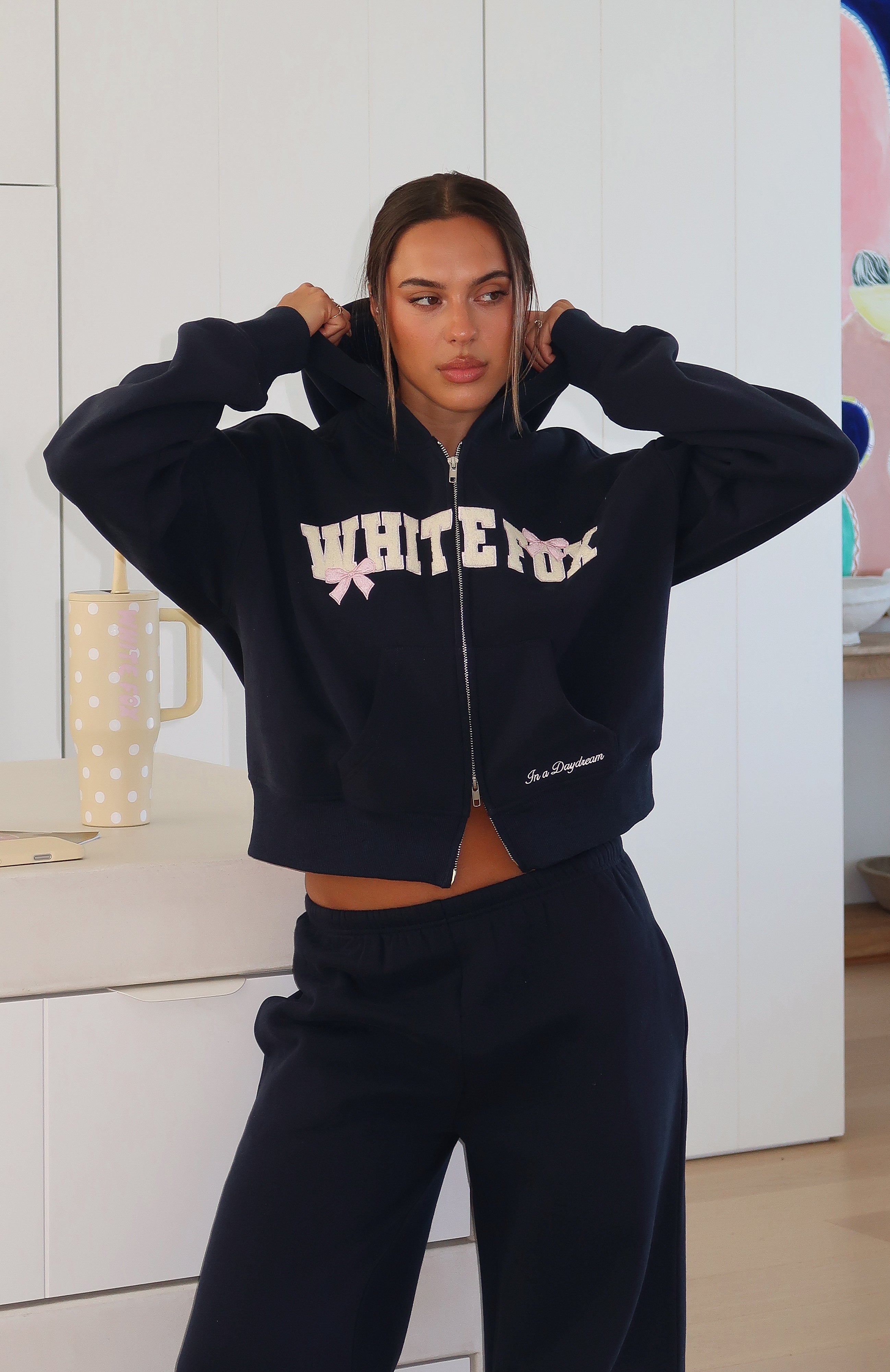 Daydreamers Madeline Boxy Zip Front Hoodie Navy