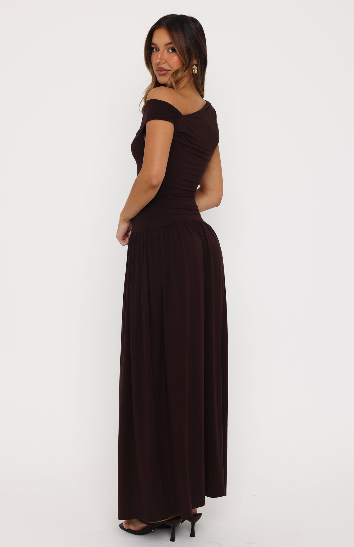 Don't Ask Off Shoulder Maxi Dress Dark Chocolate