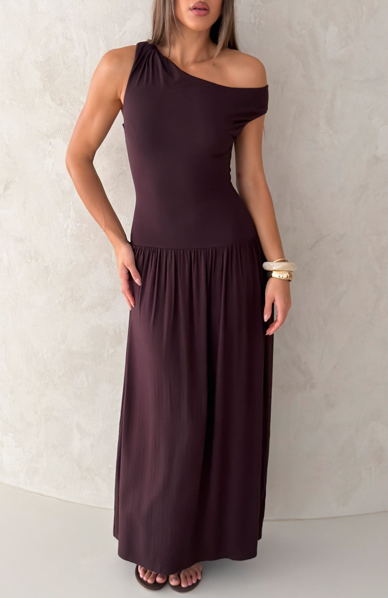Don't Ask Off Shoulder Maxi Dress Dark Chocolate