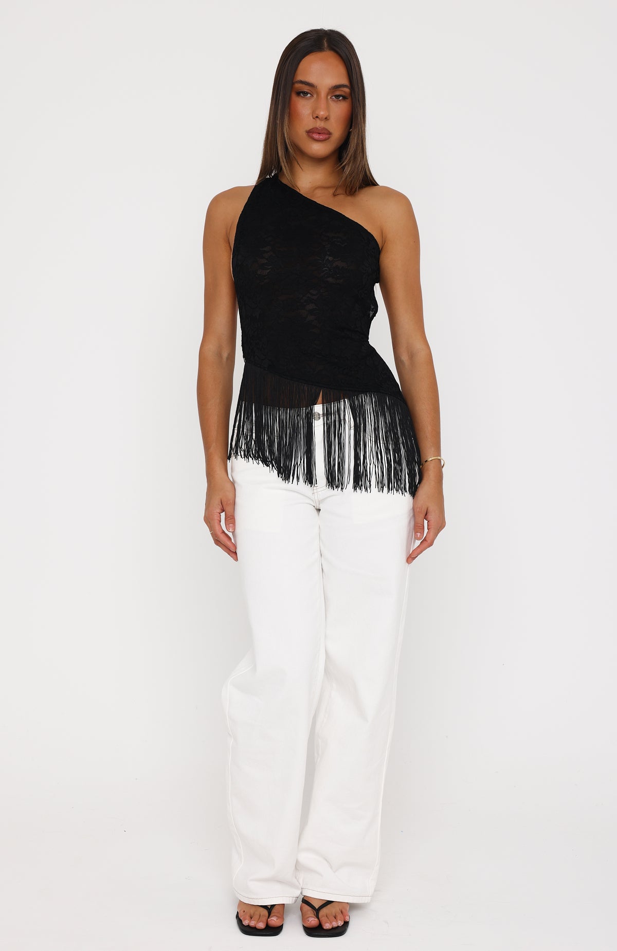 Even Better One Shoulder Fringe Top Black