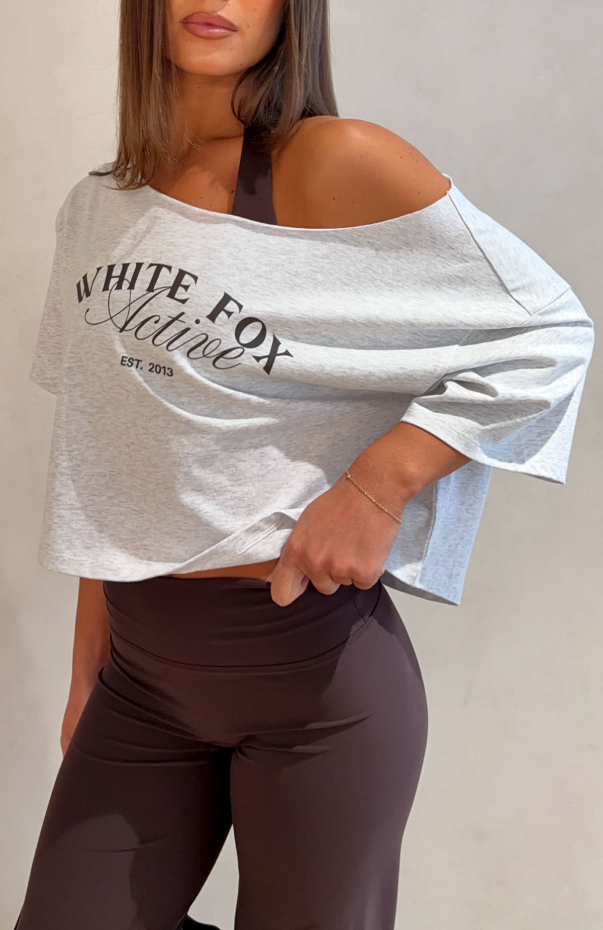 Far Away Off Shoulder Cropped Tee Grey Marle