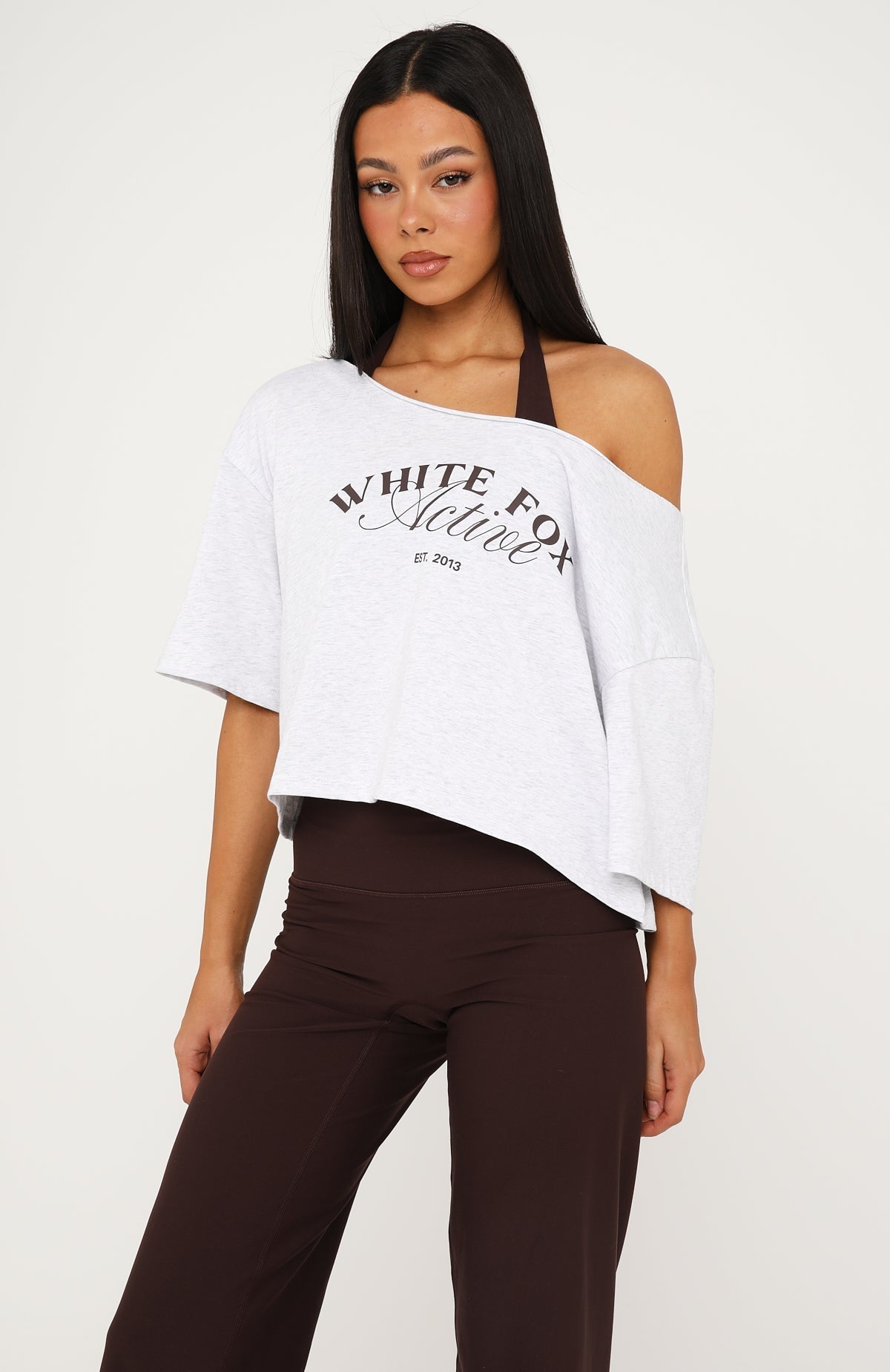 Far Away Off Shoulder Cropped Tee Grey Marle