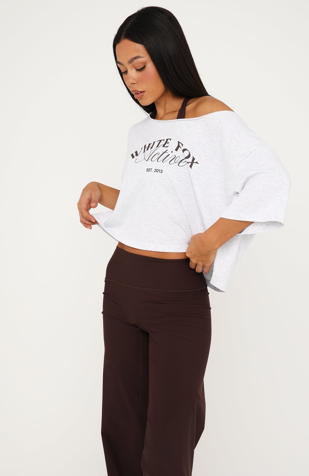 Far Away Off Shoulder Cropped Tee Grey Marle