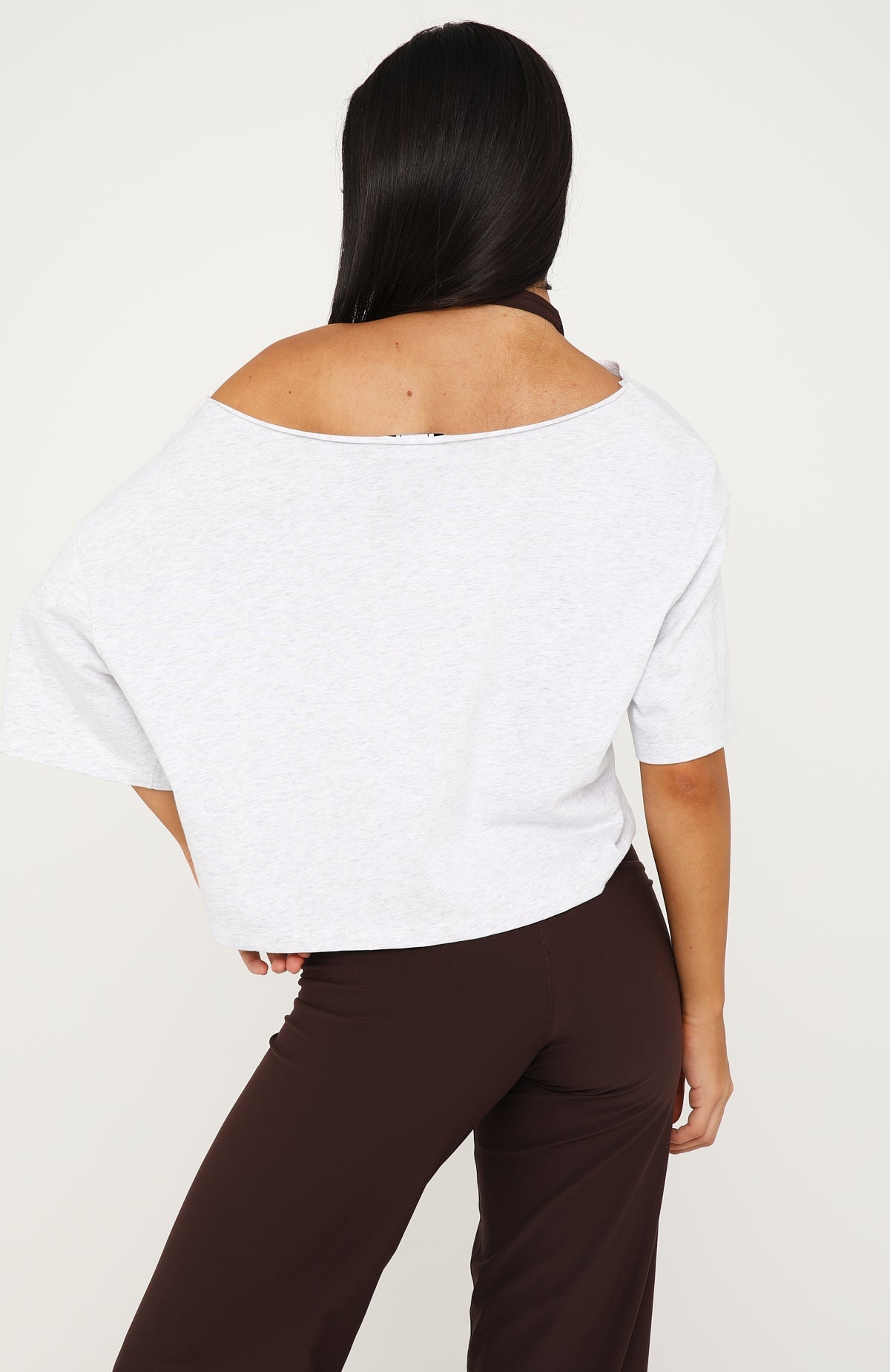 Far Away Off Shoulder Cropped Tee Grey Marle