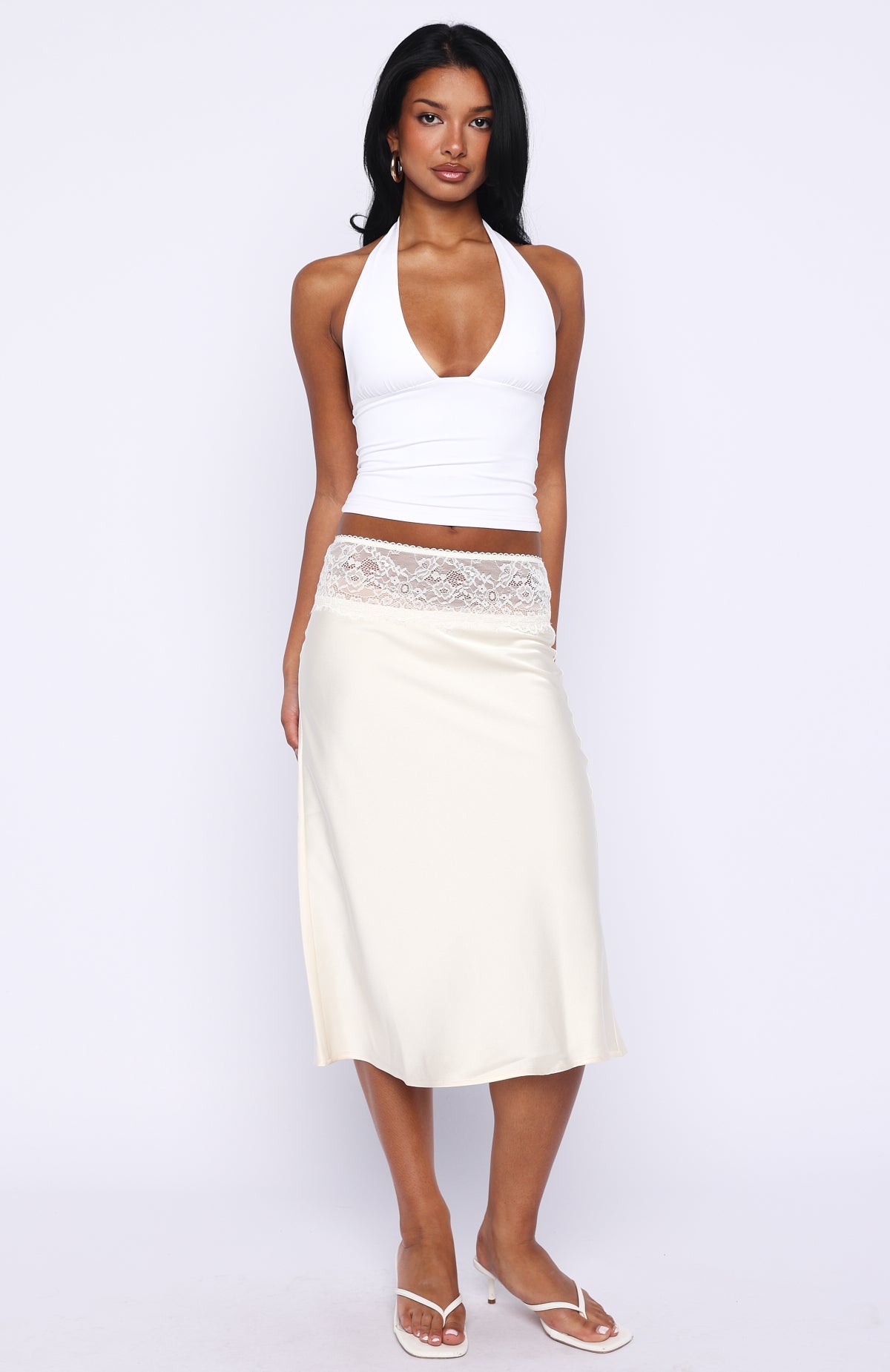 For A Long Time Lace Trim Midi Skirt Cream