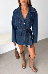 Freefall Romance Long Sleeve Denim Dress Dark Blue