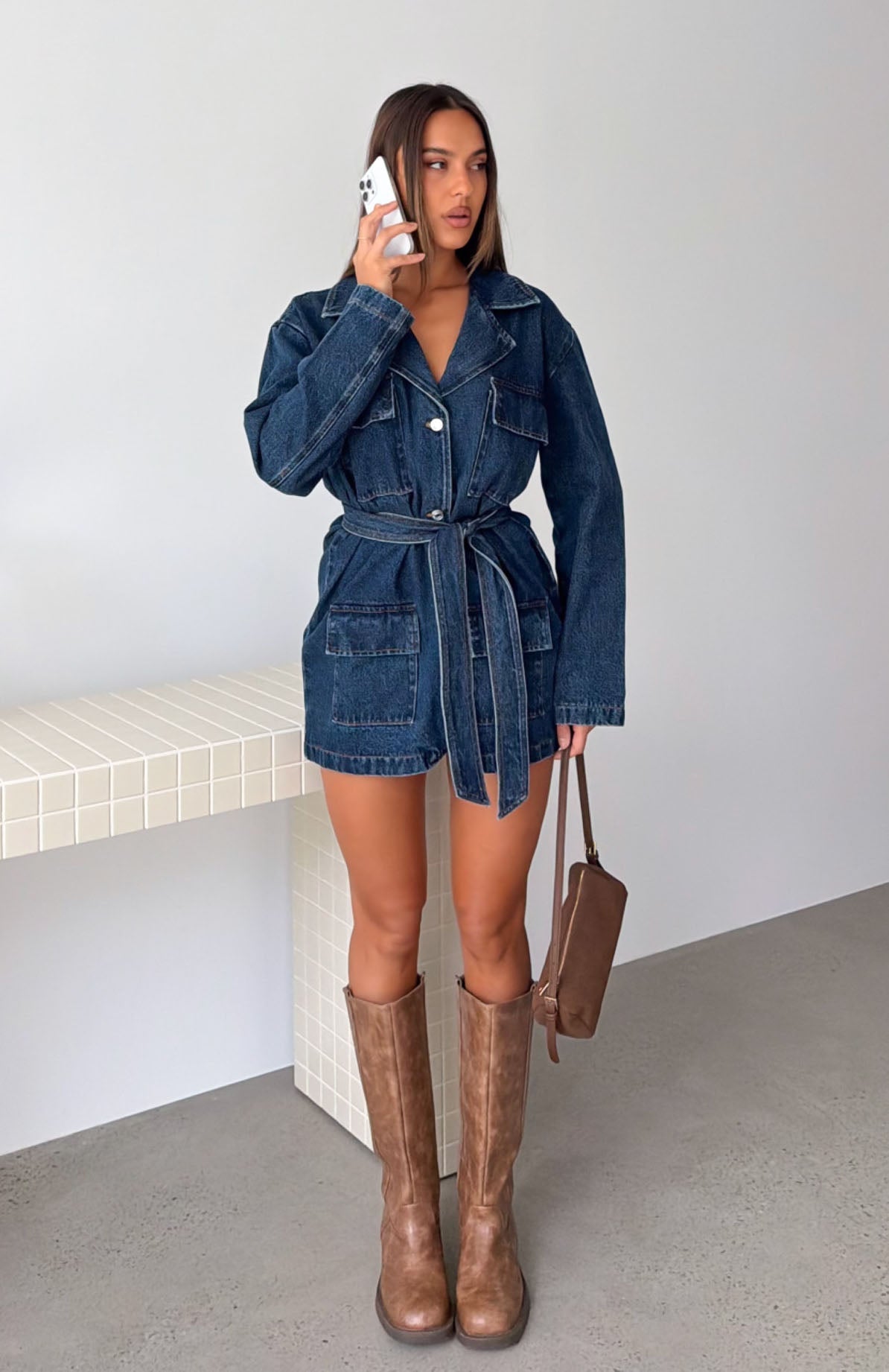 Freefall Romance Long Sleeve Denim Dress Dark Blue