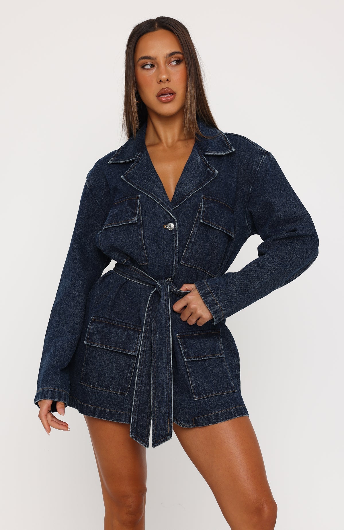 Freefall Romance Long Sleeve Denim Dress Dark Blue