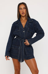 Freefall Romance Long Sleeve Denim Dress Dark Blue