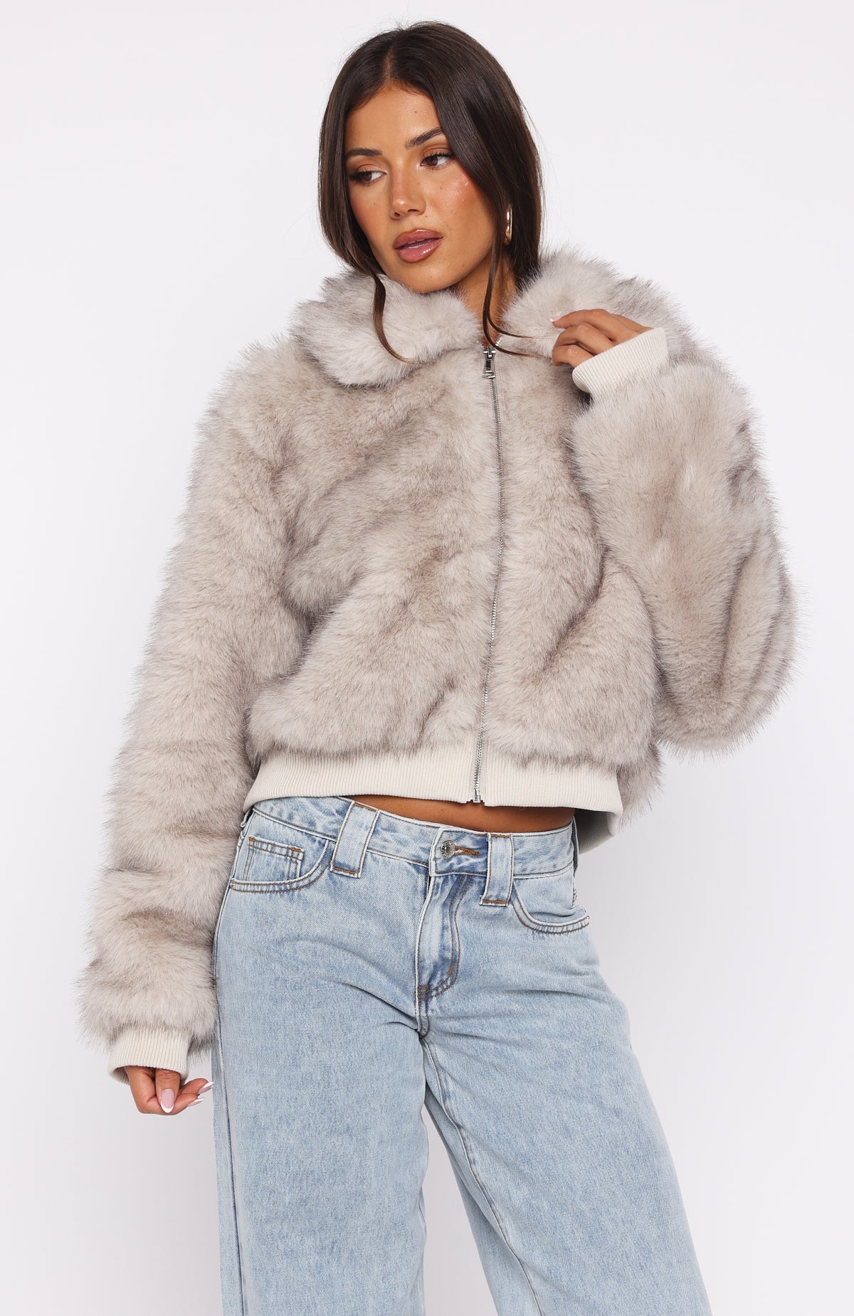 Glacial Chic Faux Fur Bomber Jacket Smokey Taupe