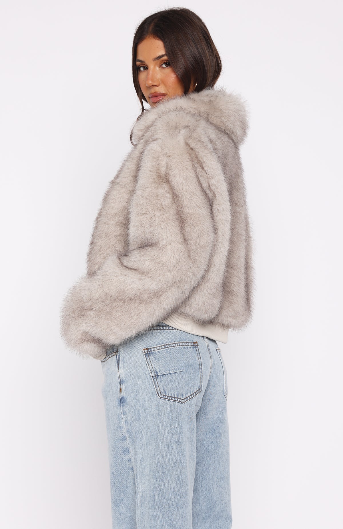 Glacial Chic Faux Fur Bomber Jacket Smokey Taupe