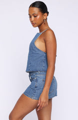 Happiness Is Key Mid Rise Denim Mini Skirt Admiral Blue