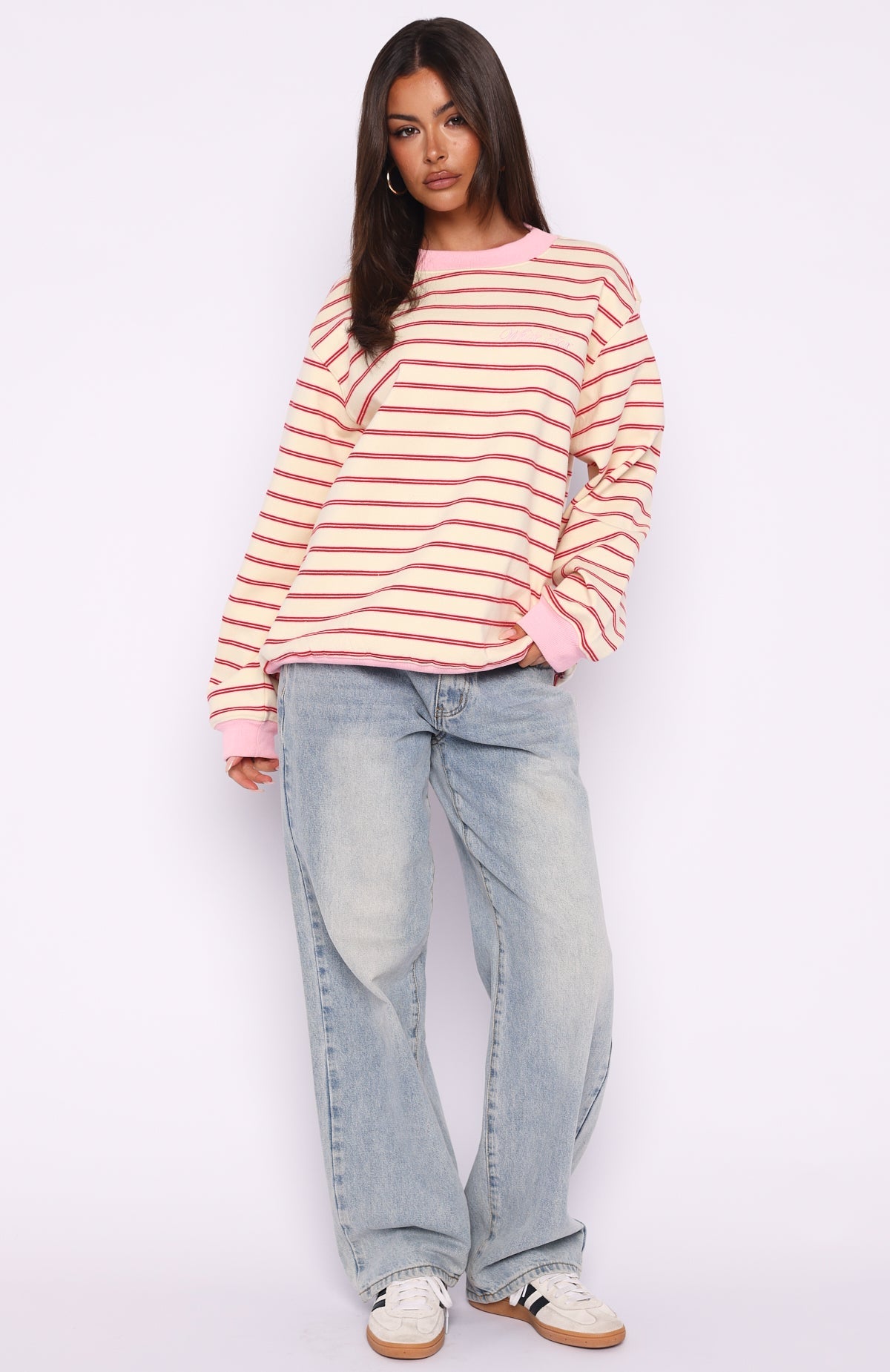 Happy Go Lucky Oversized Sweater Cream/Red Stripe