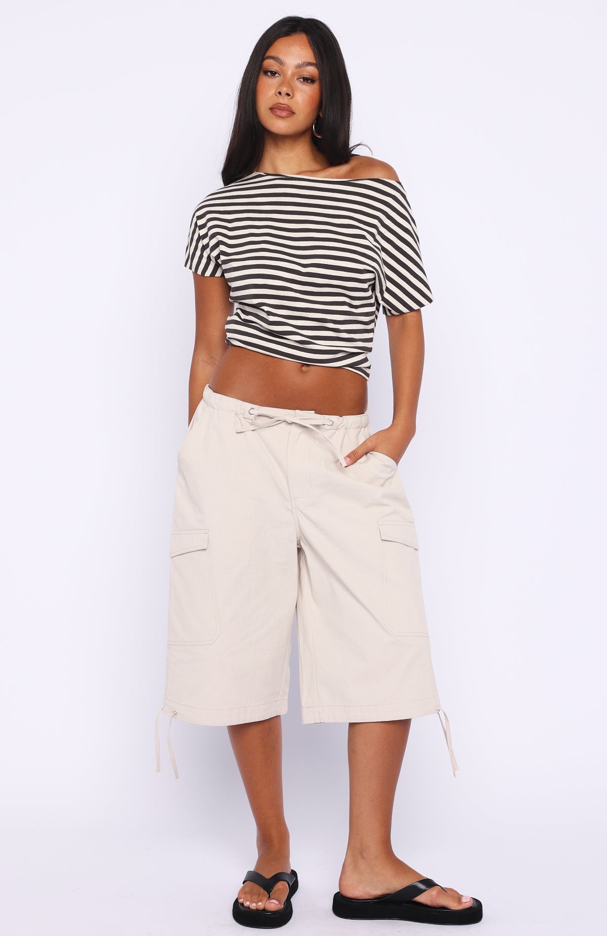 Happy To Help Cinched Waist Top Charcoal Stripe