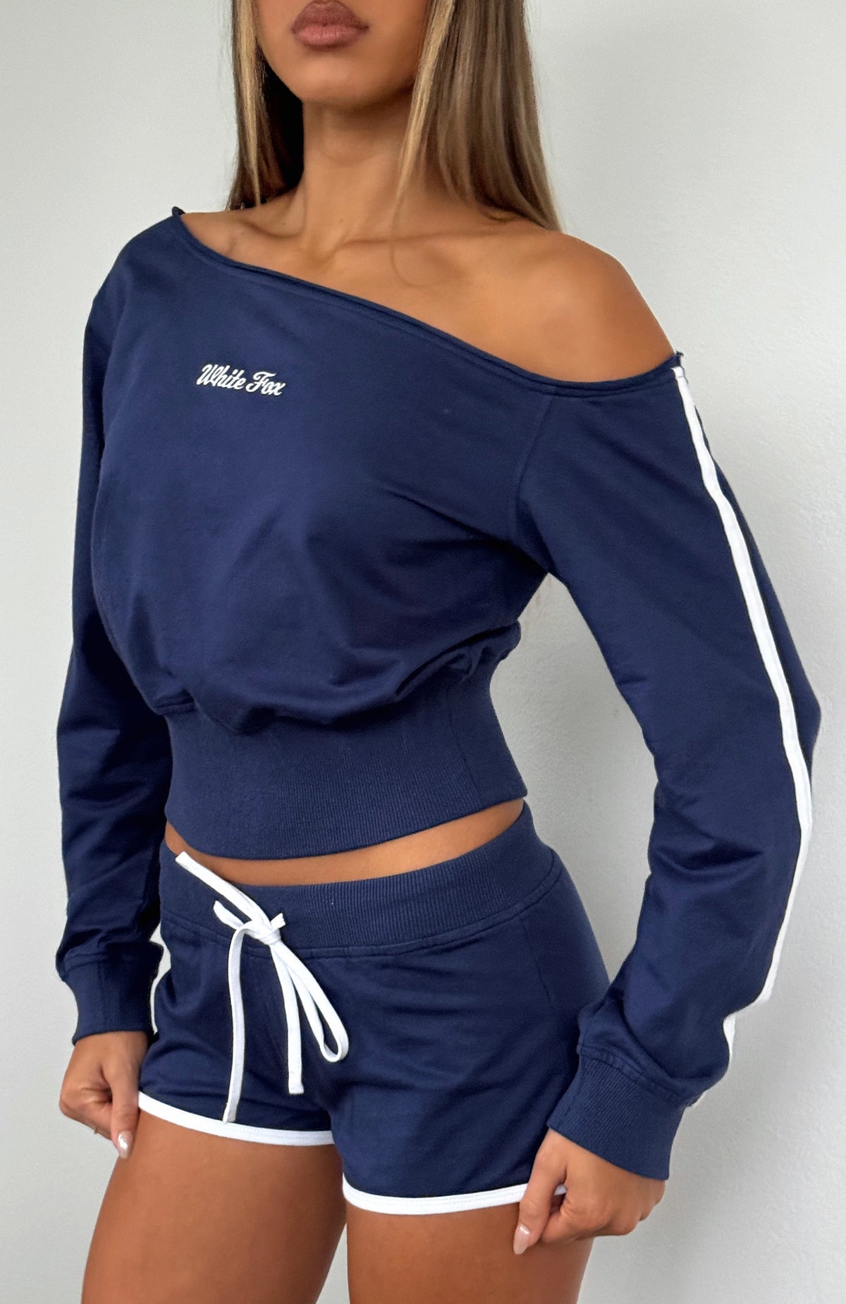 High Roller Off Shoulder Long Sleeve Sweater Navy