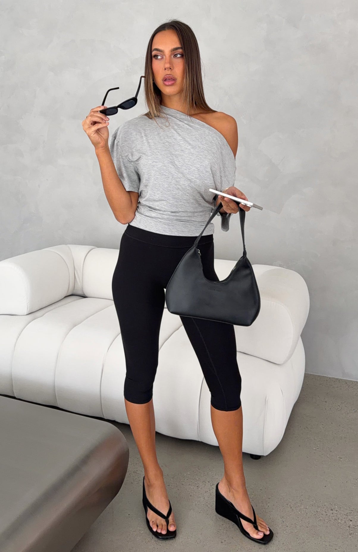 Hype Girl Cinched Waist Off Shoulder Top Grey Marle