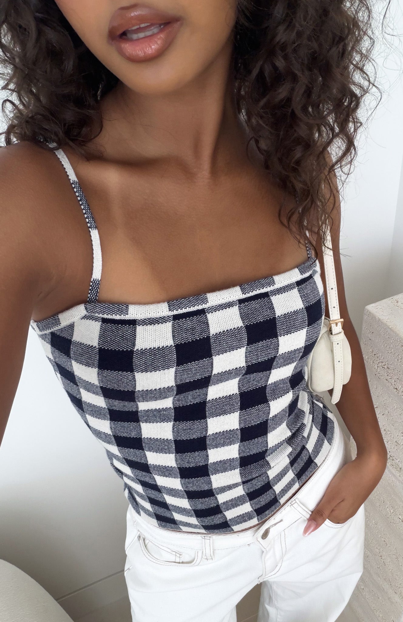 Iconic Duo Knit Cami Top Navy/Cream Gingham