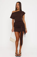 In For A Treat Off Shoulder Mini Dress Chocolate