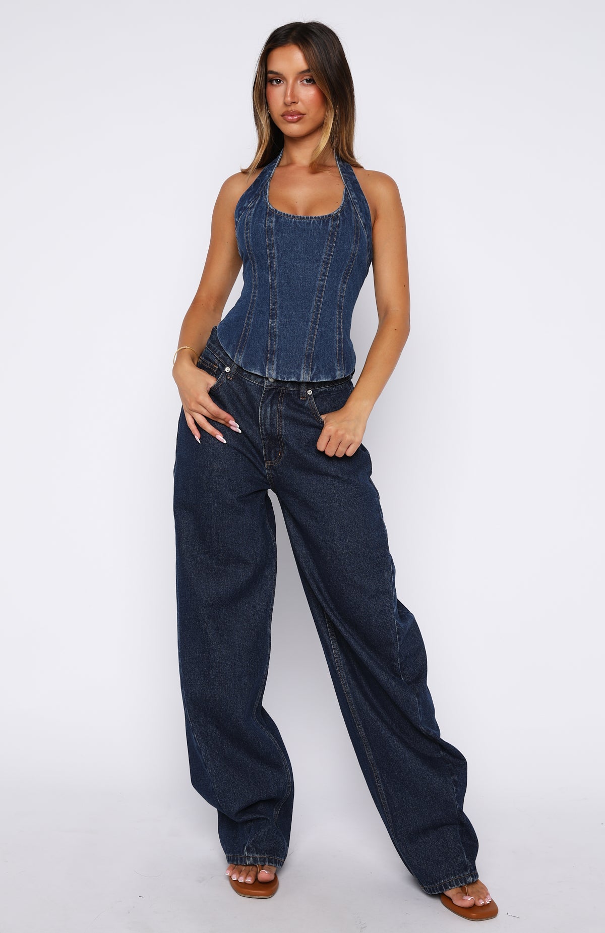 In Your Corner Denim Halter Top Dark Blue