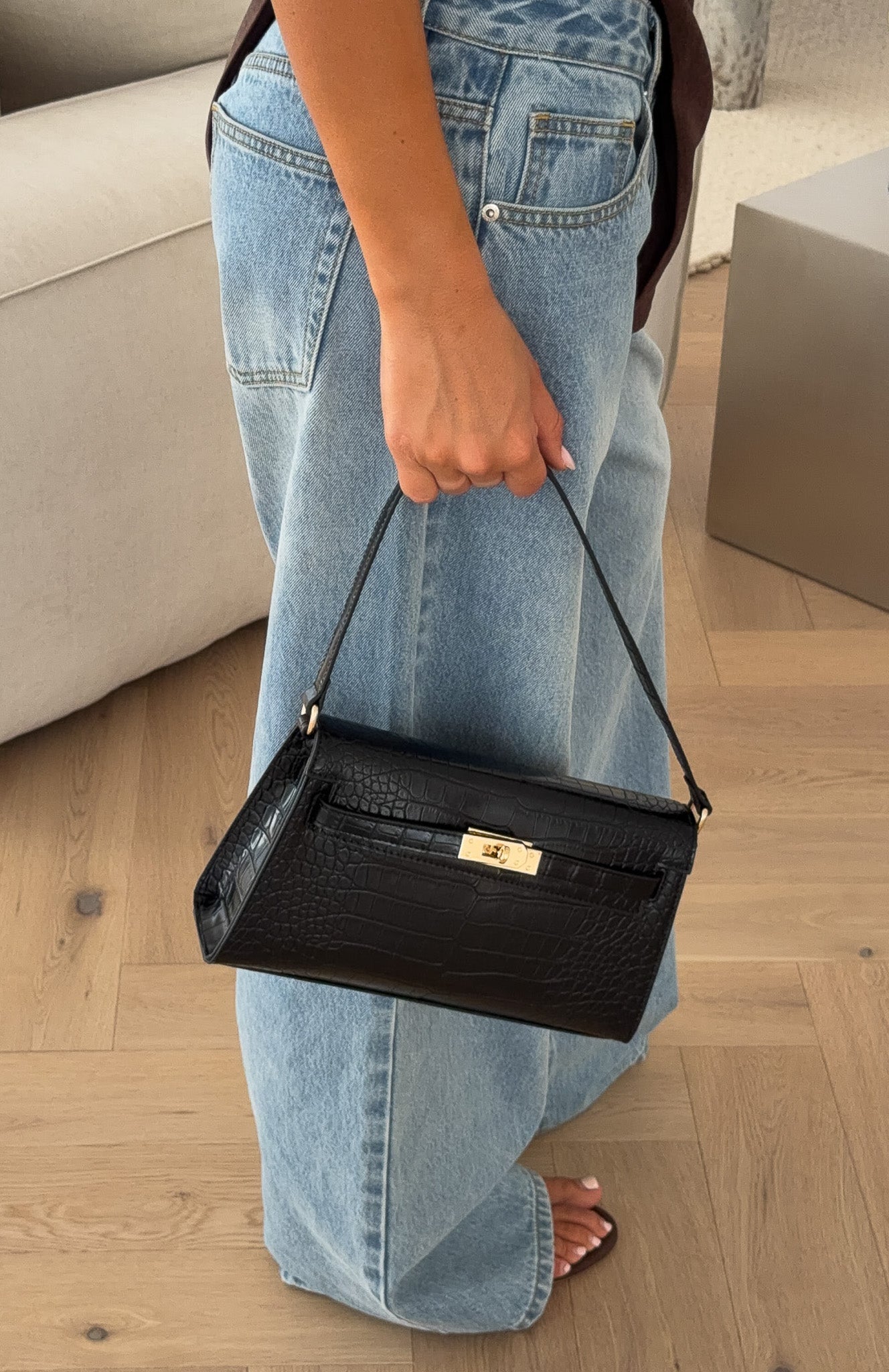 Jesse Shoulder Bag Black Faux Croc