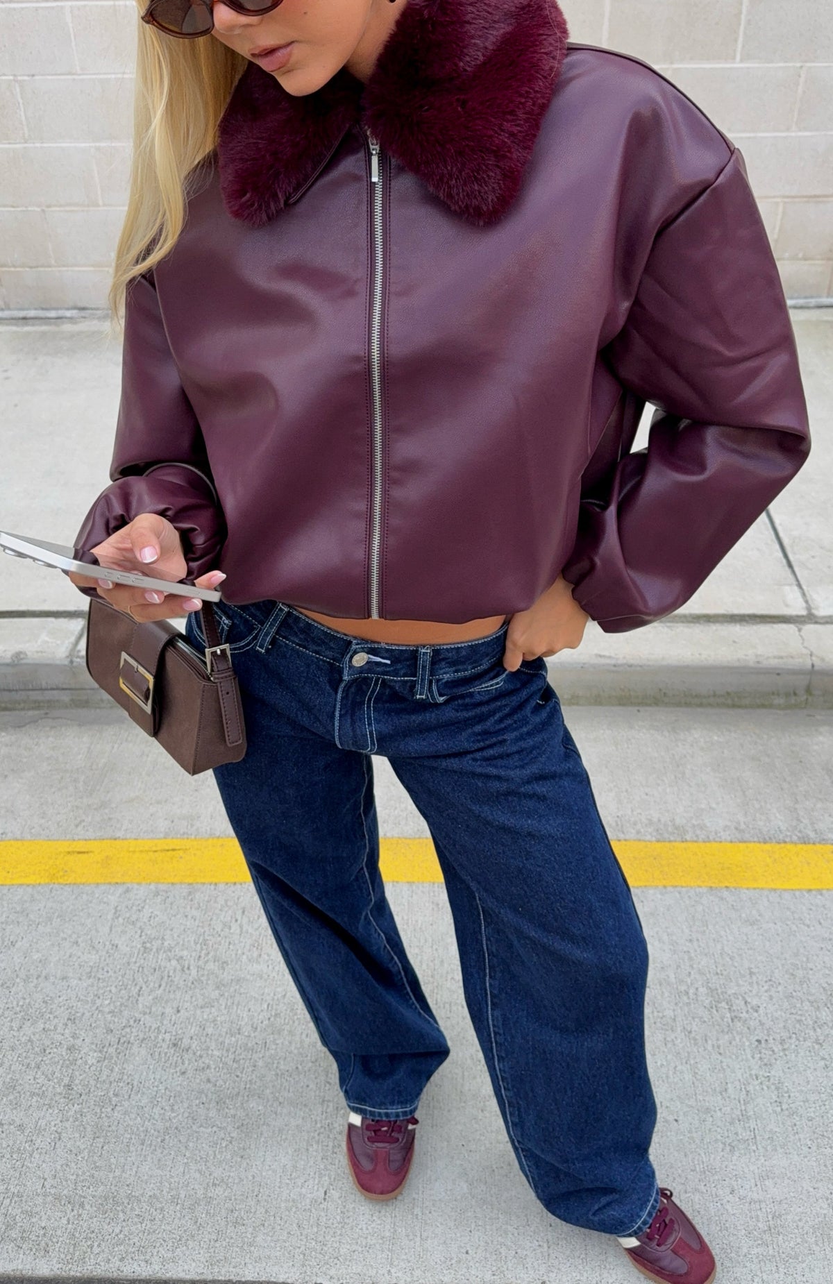 No Competition PU Bomber Jacket Burgundy
