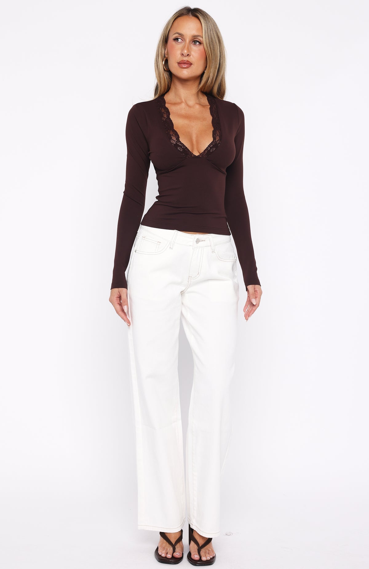 Knew That All Along Lace Trim Long Sleeve Top Chocolate