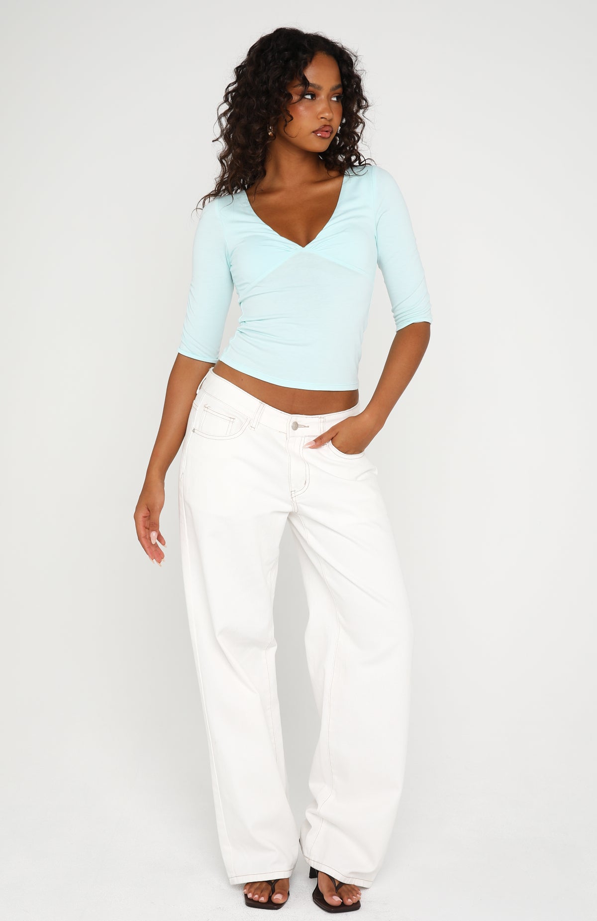 Little Bit Of Everything 3/4 Sleeve V Neck Top Baby Blue
