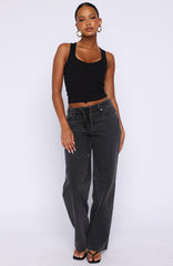 Making Appearances Mid Rise Lace Up Straight Leg Jeans Black Acid Wash