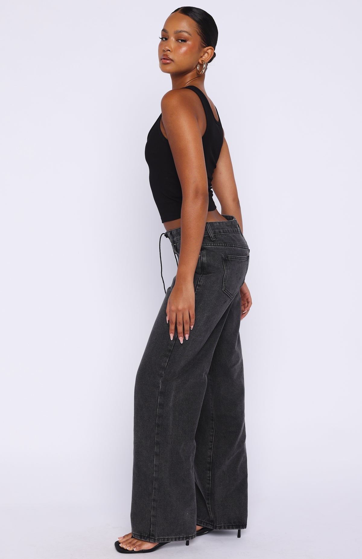 Making Appearances Mid Rise Lace Up Straight Leg Jeans Black Acid Wash