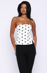 More Power Strapless Denim Top White/Black Polka Dot