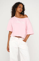 Need More Time Off Shoulder Oversized Tee Pink