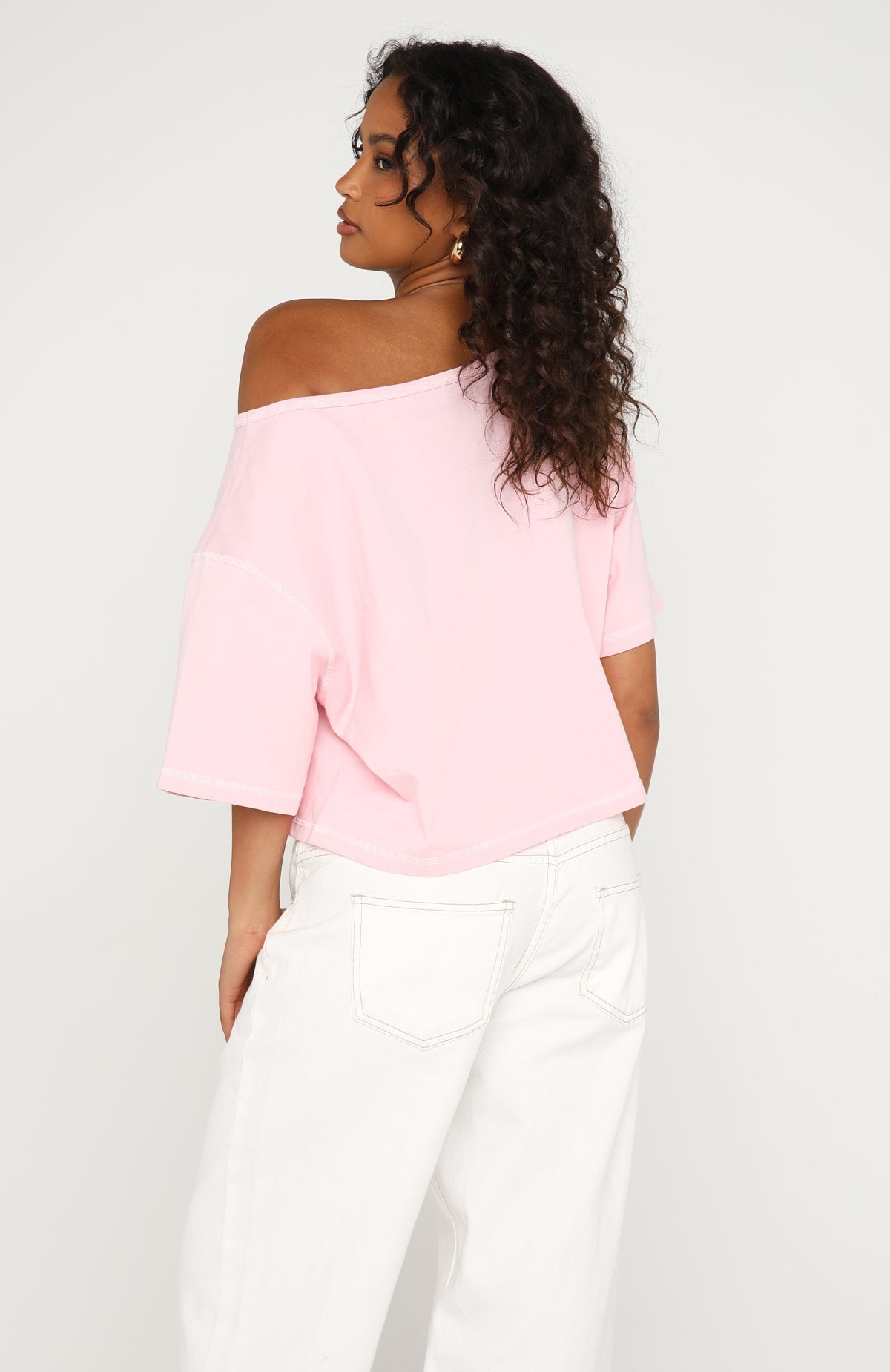 Need More Time Off Shoulder Oversized Tee Pink