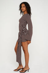 On Her Throne Off Shoulder Long Sleeve Mini Dress Chocolate/Marle Stripe