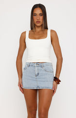 Peachy Keen Mid Rise Denim Mini Skirt Mid Blue