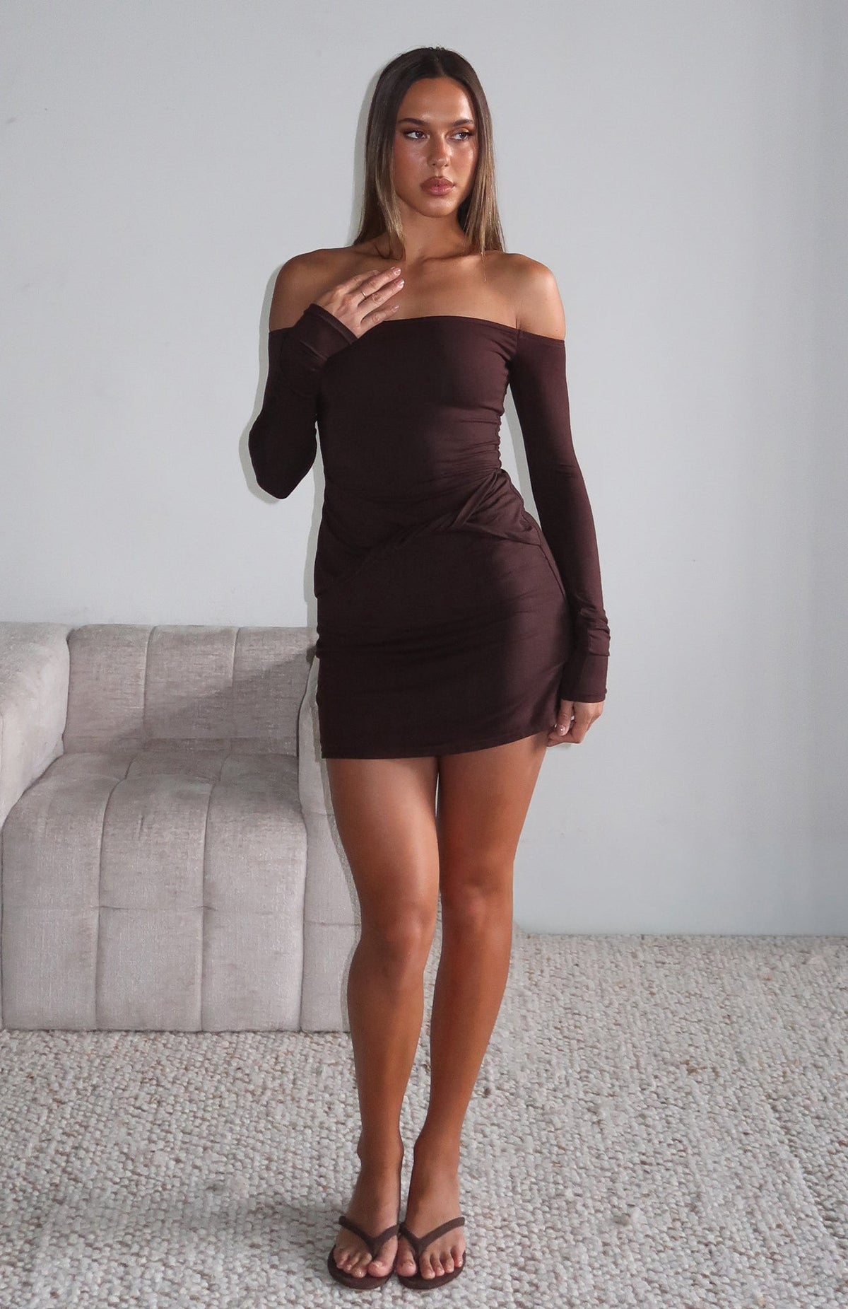 Pure Instinct Long Sleeve Mini Dress Dark Chocolate