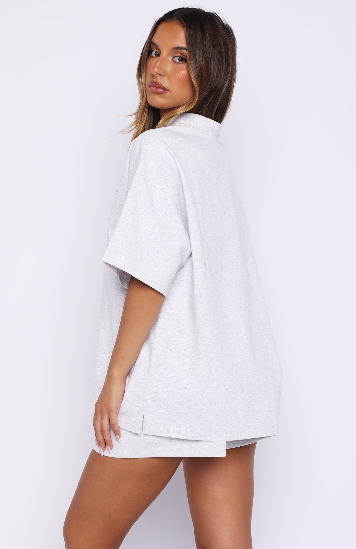 Pure Intent Oversized Short Sleeve Polo Shirt Grey Marle