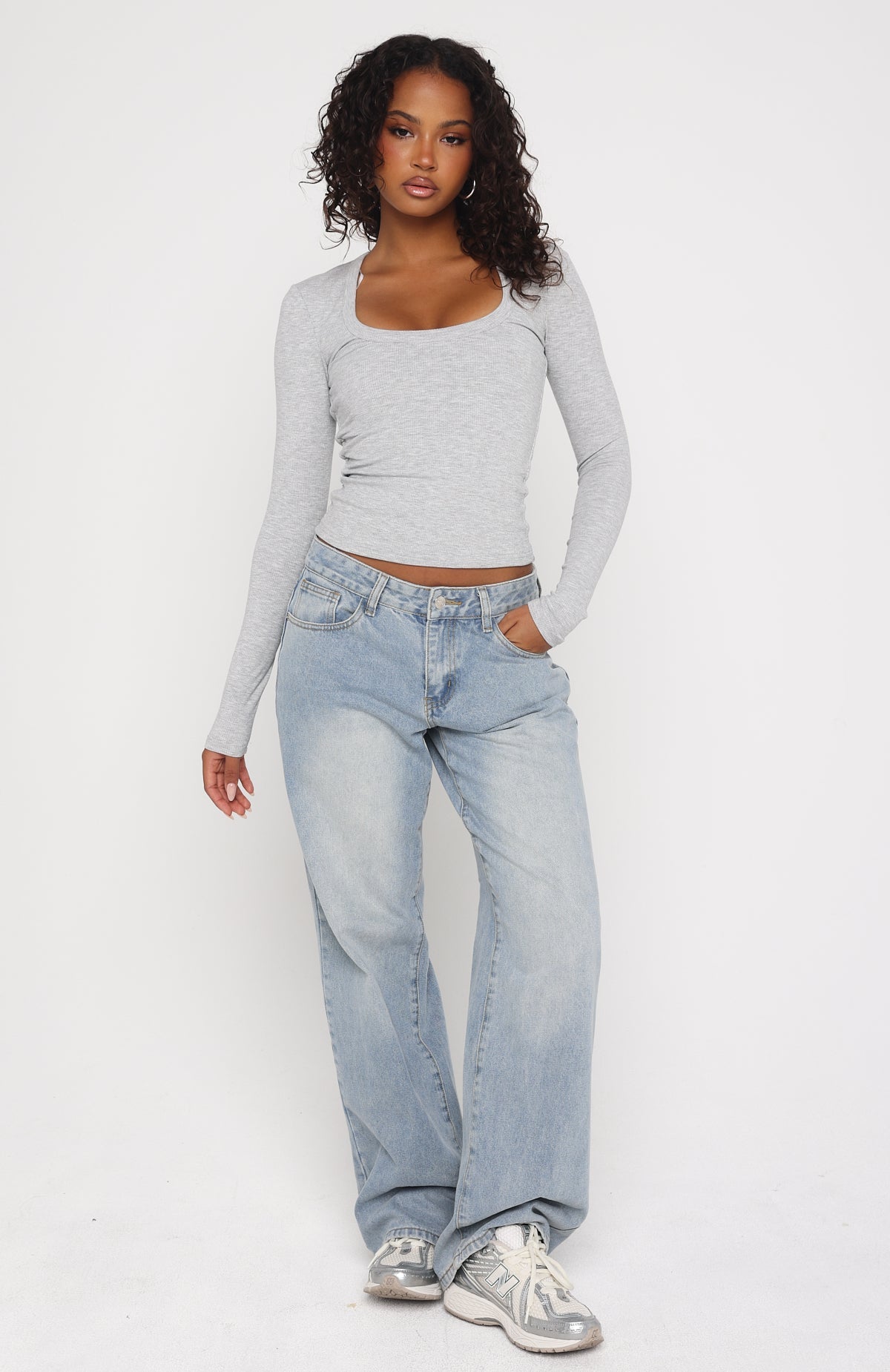 Serenade Her Ribbed Long Sleeve Top Light Grey Marle