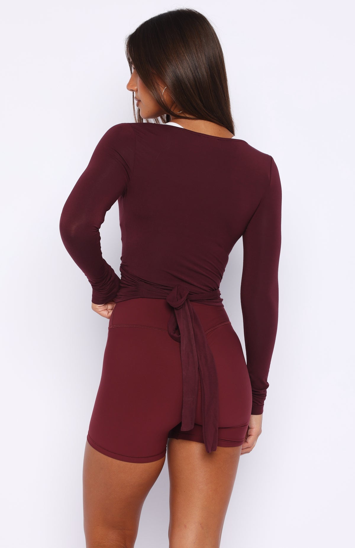 Staying Cute Long Sleeve Wrap Top Merlot
