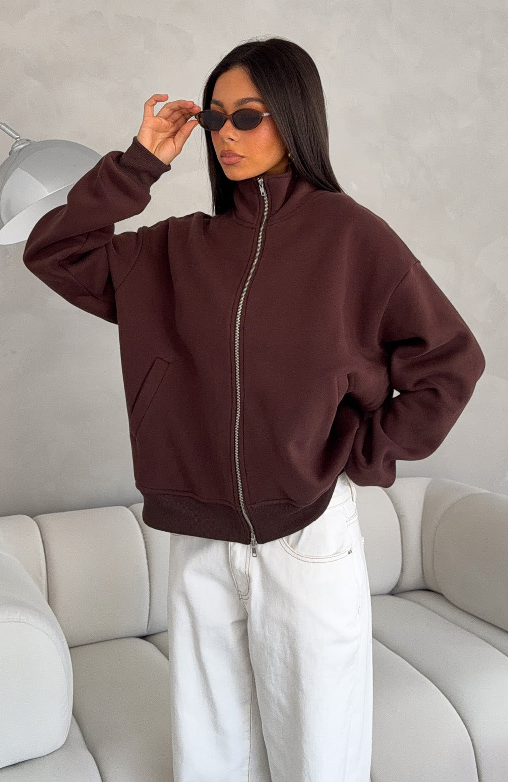 Such A Dream Oversized Zip Front Funnel Neck Jacket Chocolate