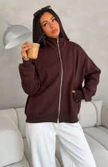 Such A Dream Oversized Zip Front Funnel Neck Jacket Chocolate