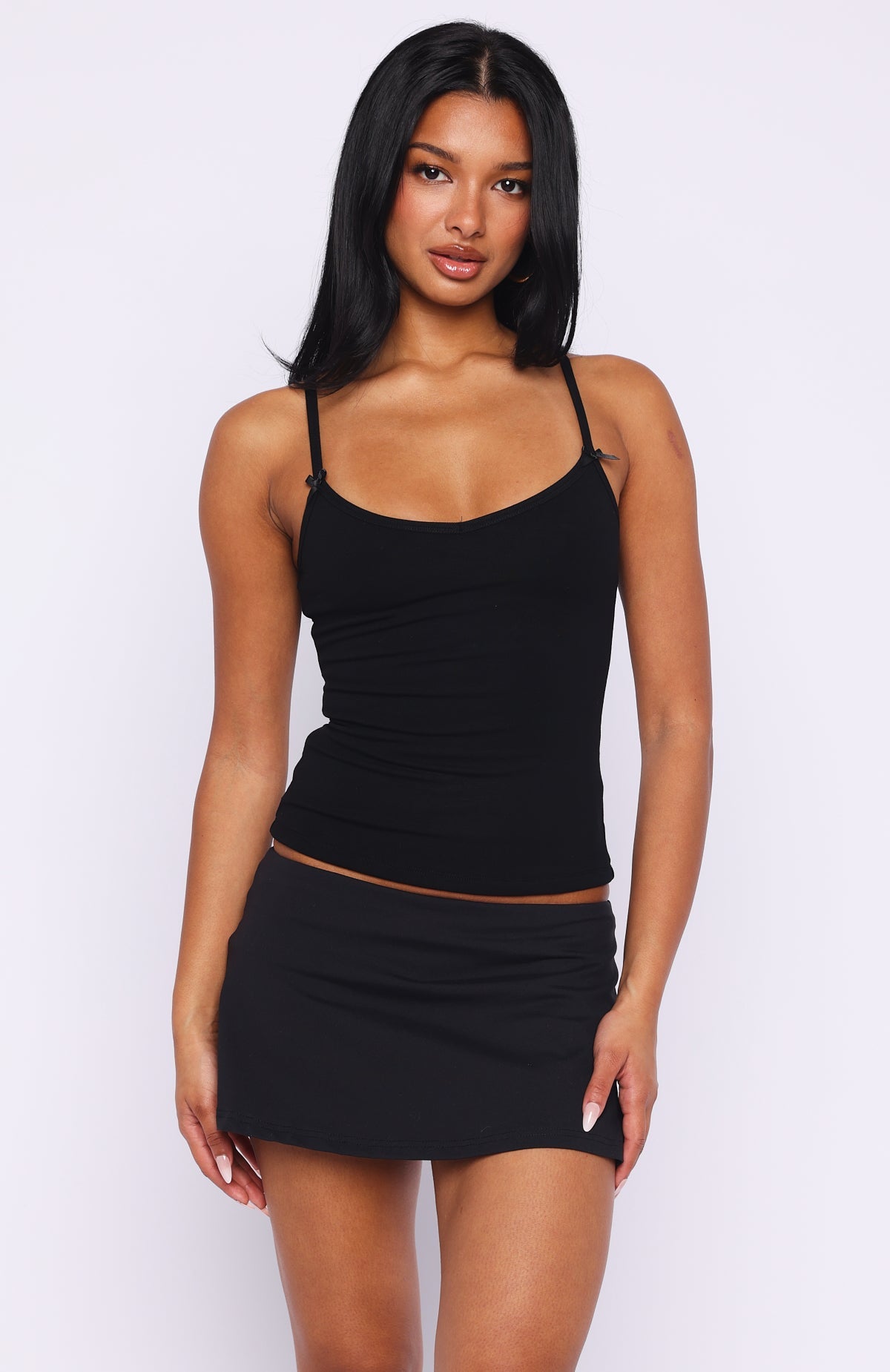 Too Cute To Care Bow Trim Cami Top Black
