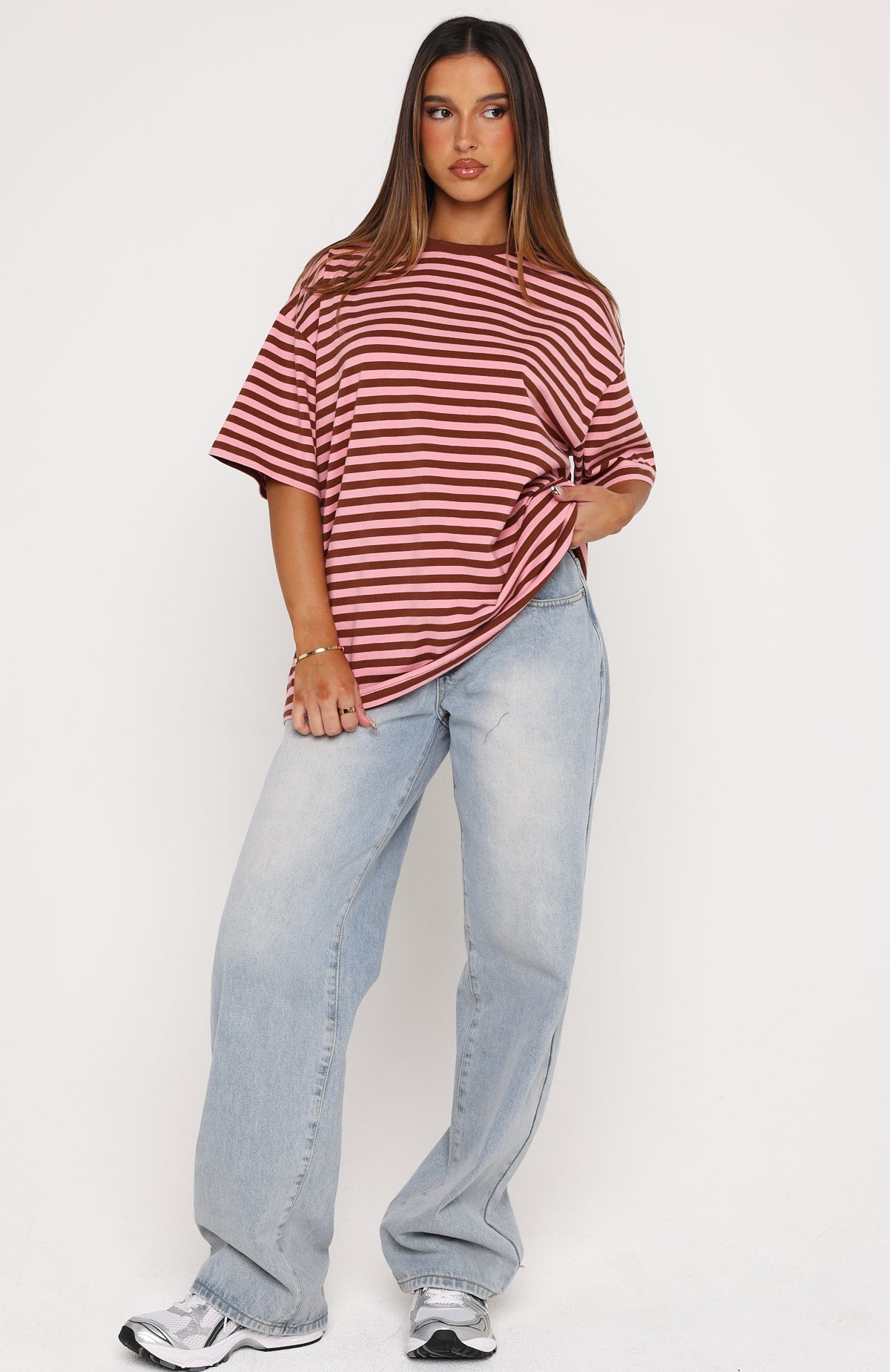 Touchdown Oversized Tee Brown/Pink Stripe