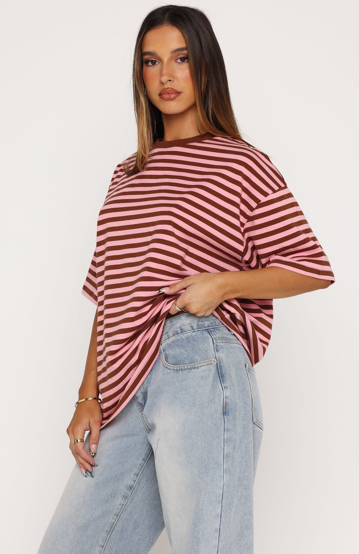 Touchdown Oversized Tee Brown/Pink Stripe