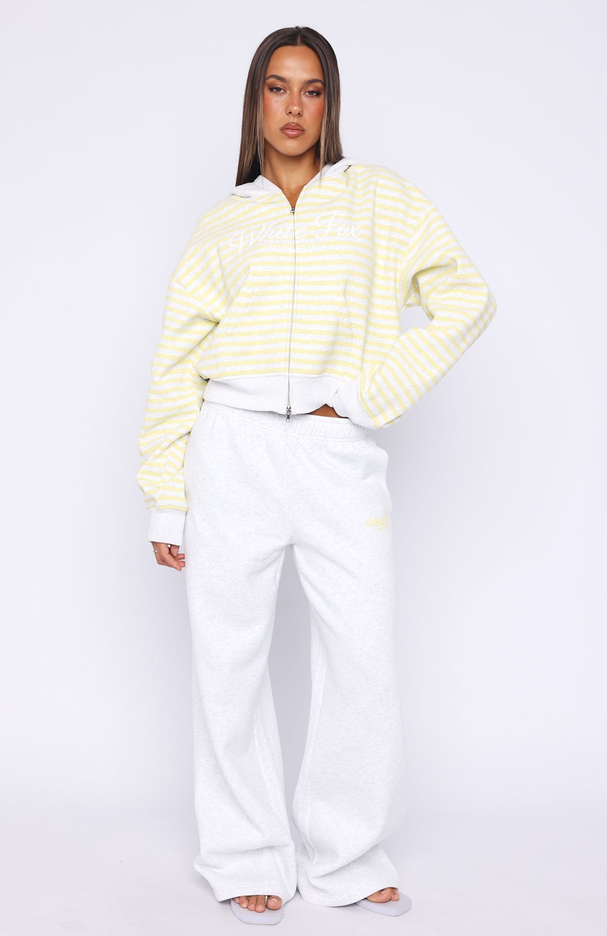 Verano Sixteen Maria Boxy Zip Front Hoodie Grey Marle/Lemon Stripe