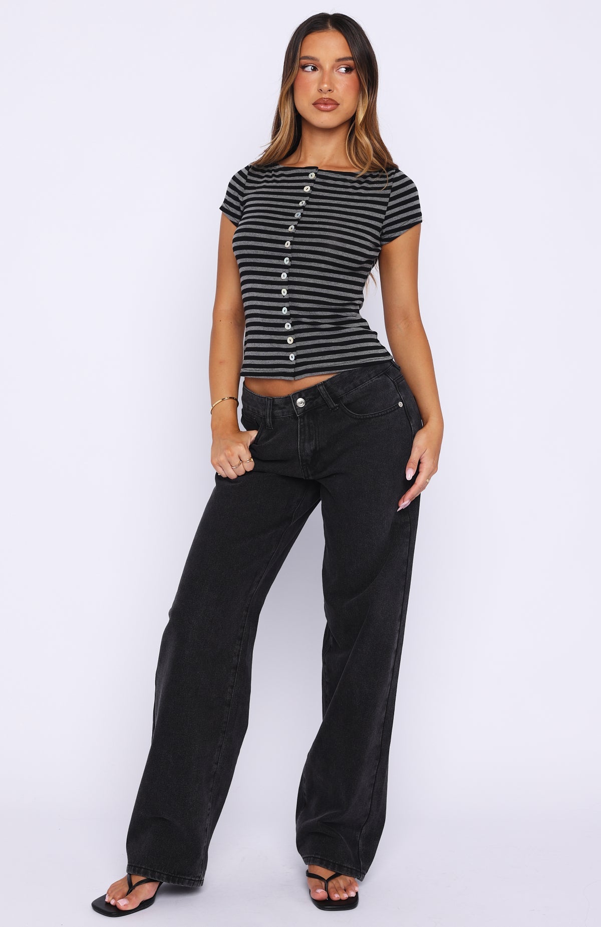 You Were Right Striped Button Up Top Dark Grey/Black Stripe